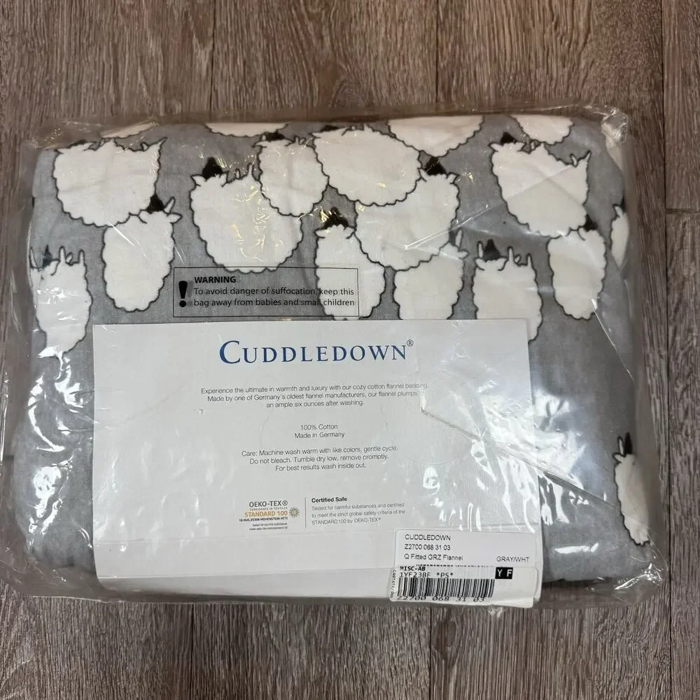 Cuddledown SHEEP Queen Fitted Sheet Gray/White 100% Cotton Flannel Germany